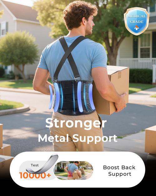 Ultra Breathable Work Back Brace for Men & Women [Upgraded Medical-Grade Support] Lower Back Support Belt with Removable Suspenders